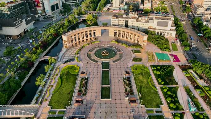 俯瞰济南城市会客厅，泉城广场莲花喷泉景色