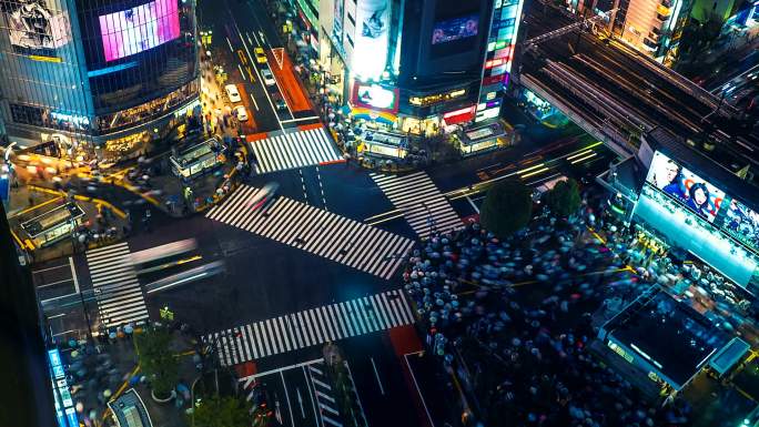 涉谷穿越时间推移十字路口人流延时中国日本