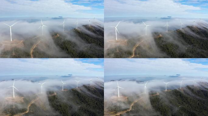大片风车风力发电机转动高山云海平流雾