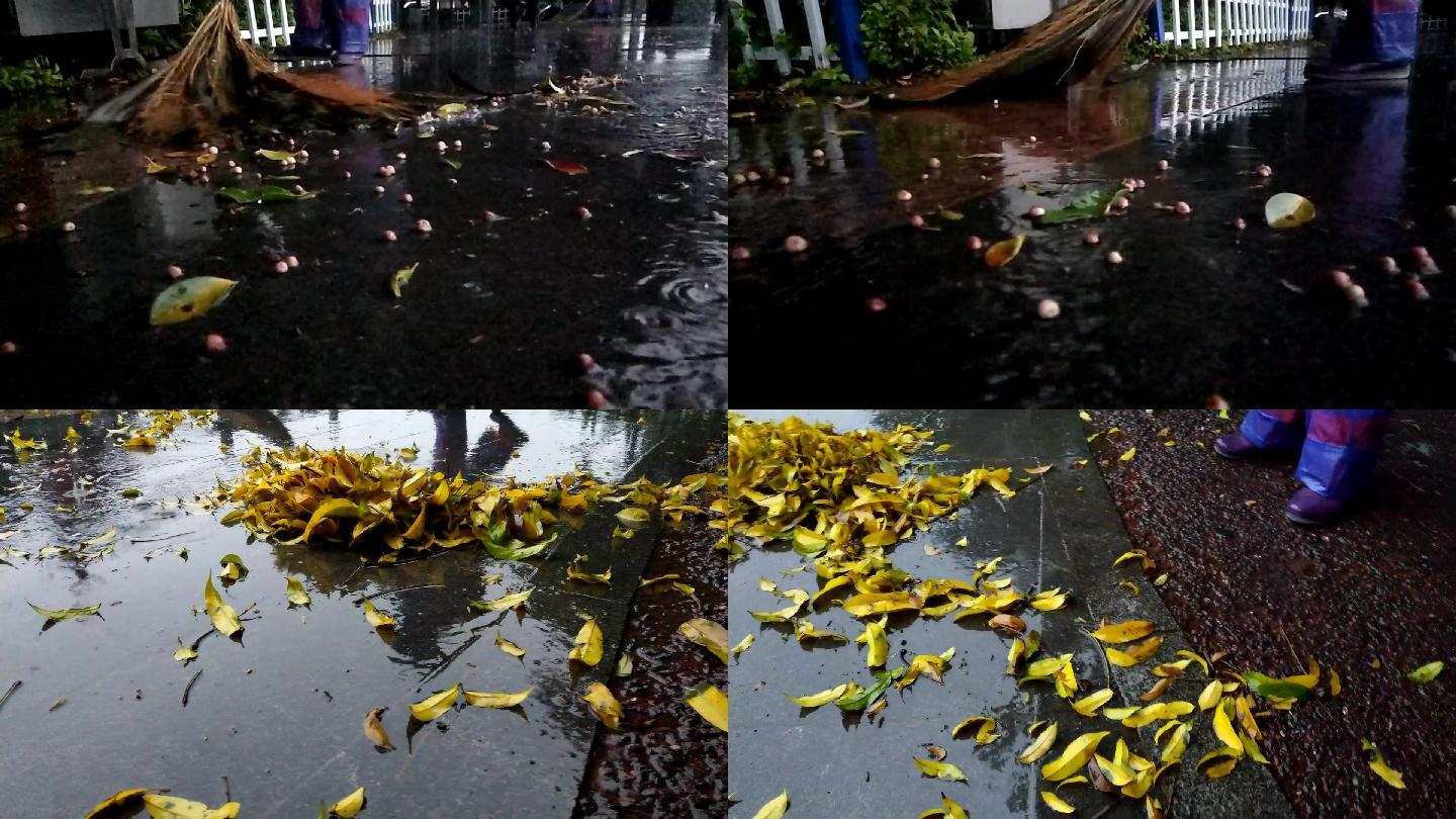 雨夜清晨扫地冒雨打扫卫生街道公园卫生清洁