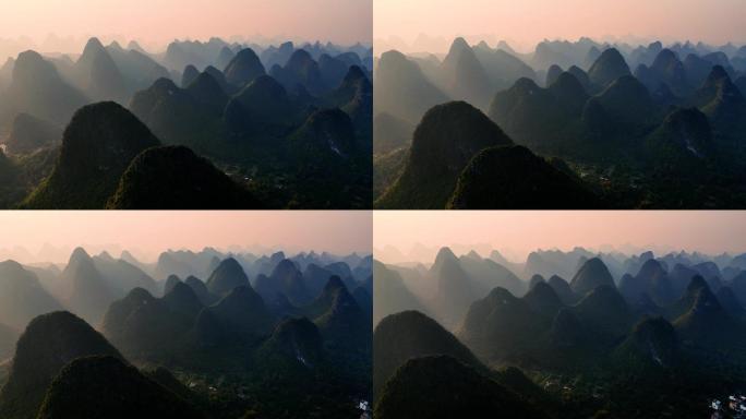 中国桂林日落时山的鸟瞰图