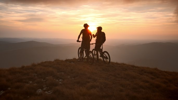日落时山顶上的山地自行车骑手天线