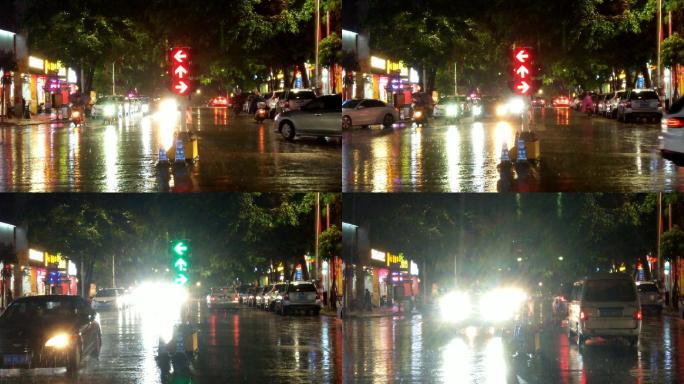 雨夜街市红绿灯切换数字下雨车流行人路灯