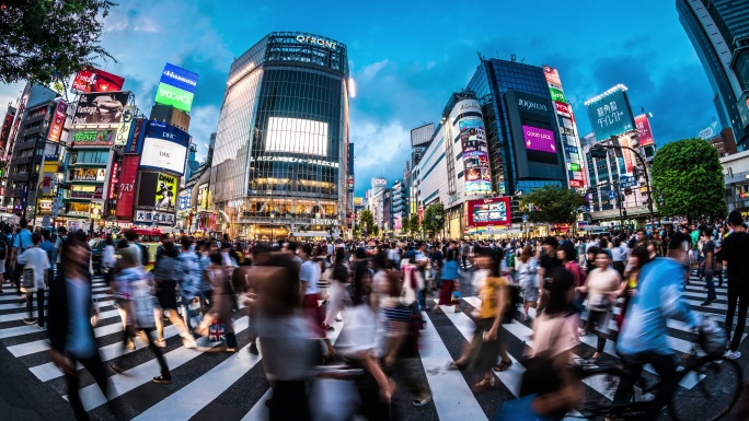 黄昏时分日本东京涉谷路口T/L WS鱼眼图