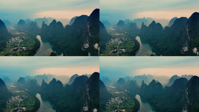 中国桂林美丽山景鸟瞰图