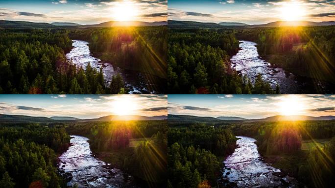 瑞典-斯堪的纳维亚半岛的河流和北方森林空中景观