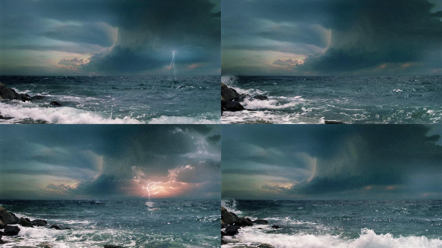 视频背景。超级单体雷暴，多次闪电的海洋风暴。