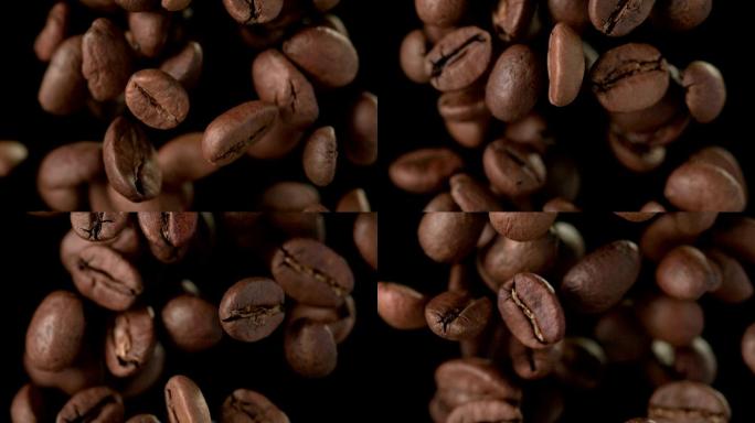 黑色背景上的咖啡豆（超慢镜头）