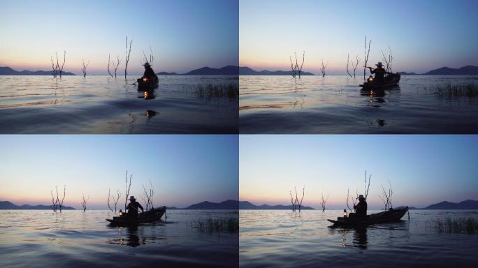 当地渔民早上在水中抛渔网捕鱼的生活方式视频