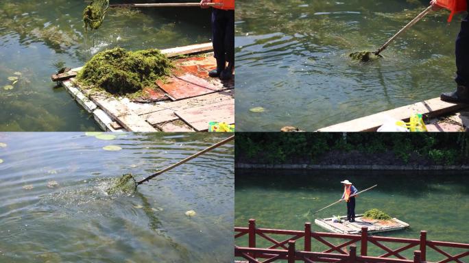 环卫工人河道水草垃圾清理打扫