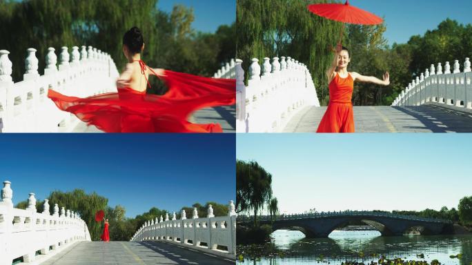 4K古代拱桥红衣跳舞