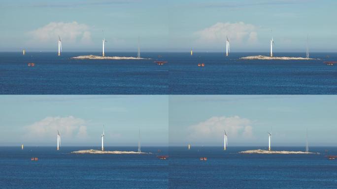 【4K正版】长焦视角下海面礁石风力发电机
