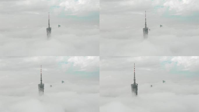 航拍广州塔低空云海