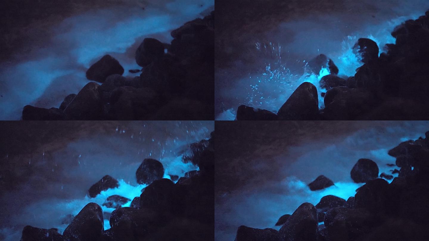【4K正版】蓝眼泪海浪冲刷礁石慢动作镜头