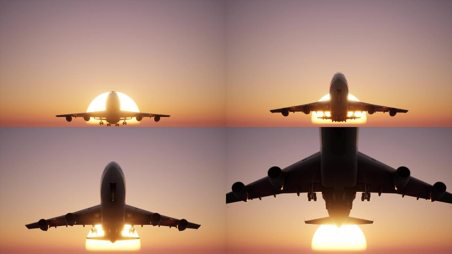 机场客机起飞日出太阳升起动画