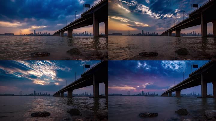 夕阳中的大桥与城市摩天大楼延时摄影