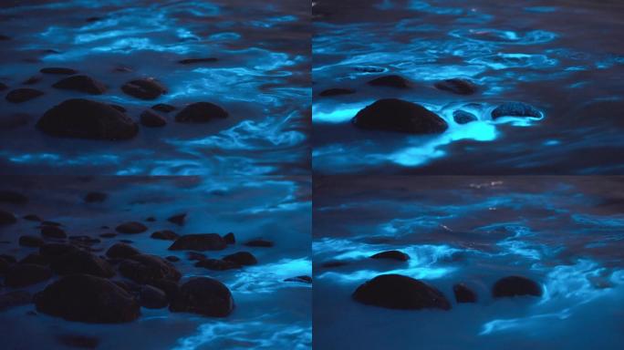 【4K正版】蓝眼泪海浪冲刷礁石慢镜头