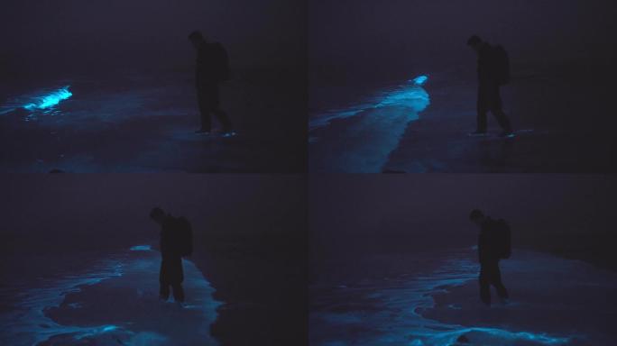 【4K正版】蓝眼泪沙滩上的游客行走慢镜头