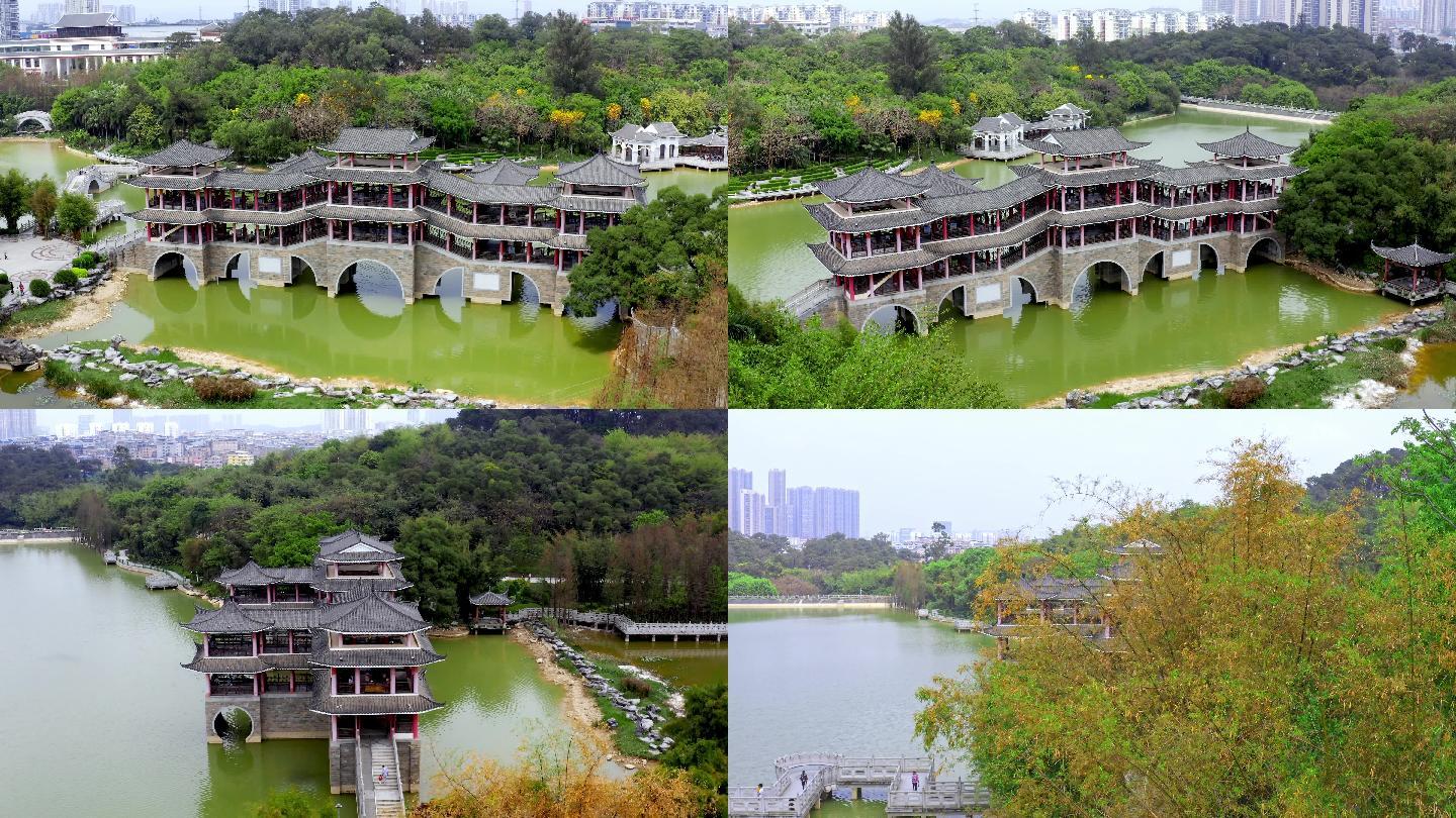 航拍南宁狮山公园风雨桥