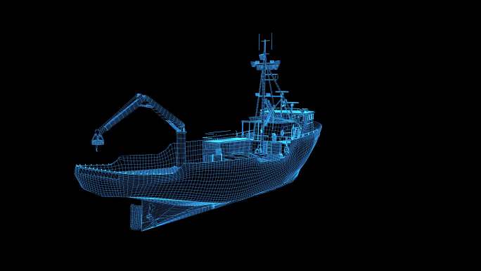 4K蓝色线框全息科技货渔船动画素材带通道