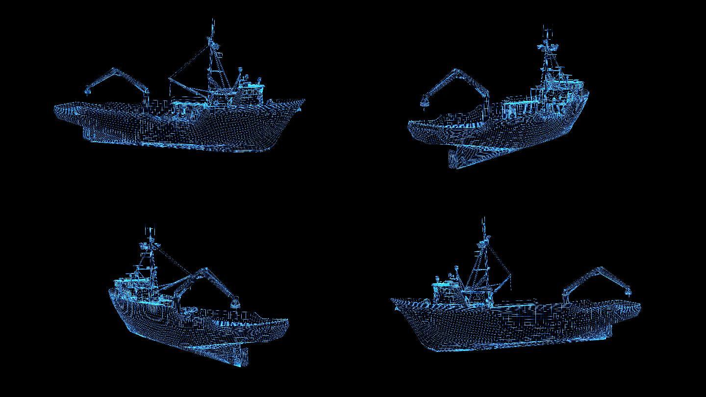 4K蓝色线框全息科技货渔船动画素材带通道