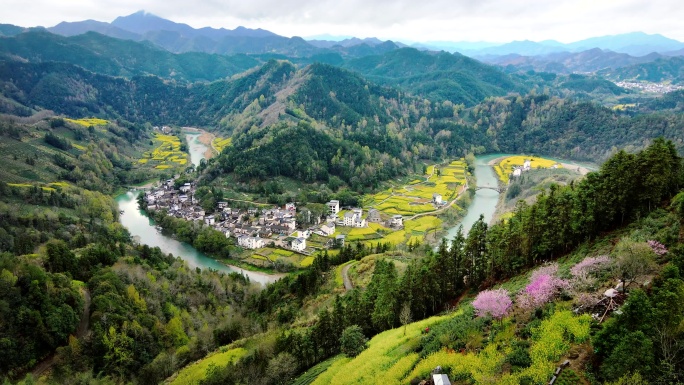 4K皖南歙县山区石潭油菜花绿水青山