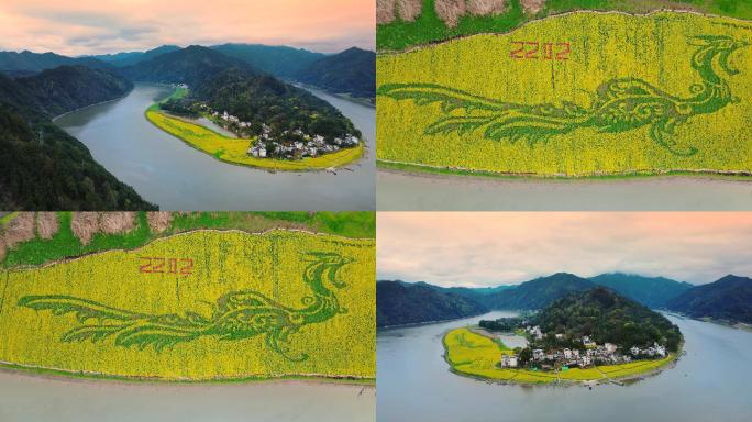 4K歙县山水画廊创意凤凰油菜花图案