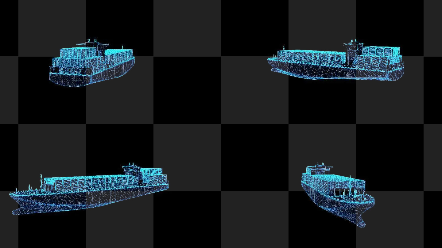 4K蓝色全息线框科技集装箱货船动画带通道