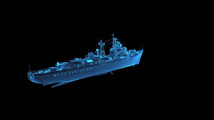 4K蓝色线框全息科技驱逐舰动画带通道
