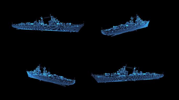 4K蓝色线框全息科技驱逐舰动画带通道