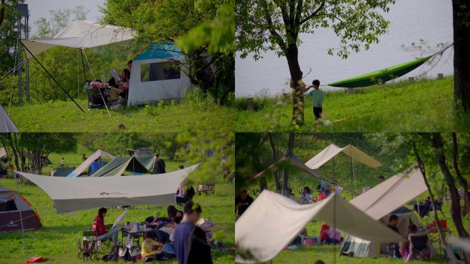 4K五一假期市民公园搭帐篷户外休闲空镜