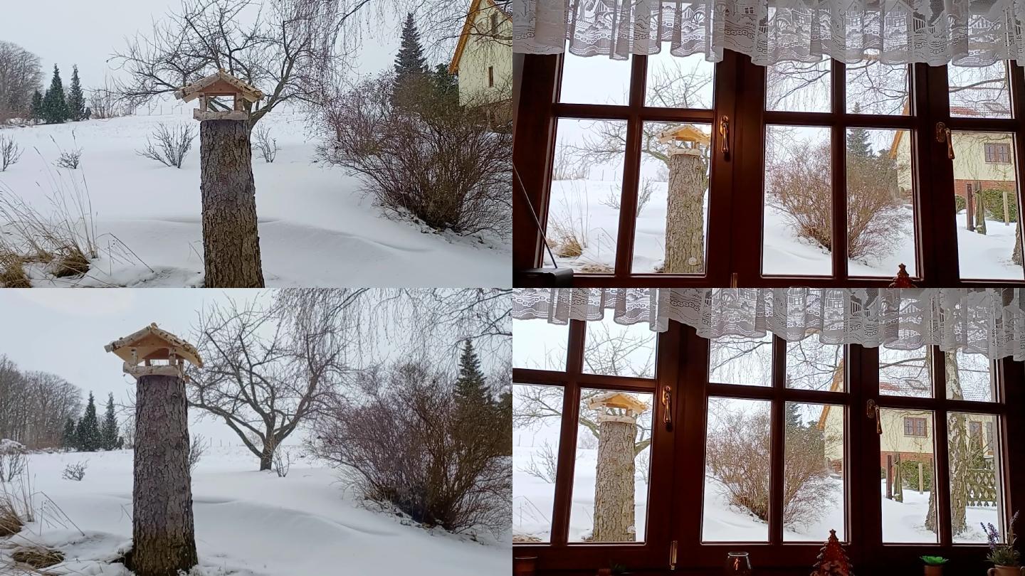 冬天从内部看窗外雪景