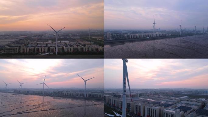 4k航拍杭州湾跨海大桥风力发电日落