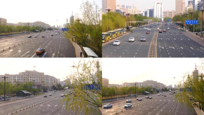 车辆行驶哈尔滨中山路延时移轴拍摄省政府
