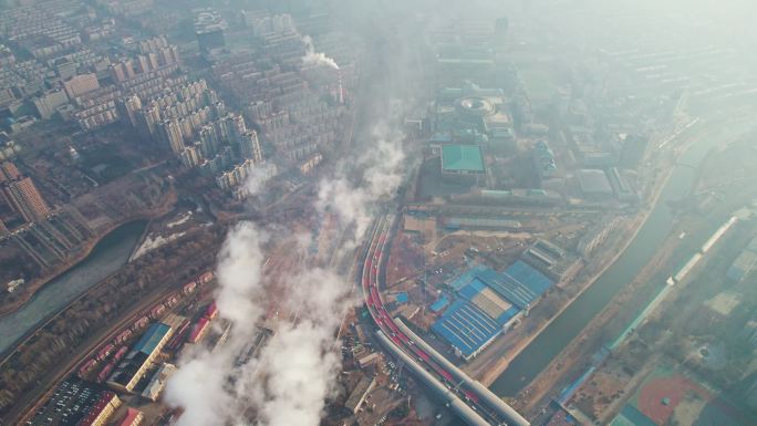 辽宁沈阳供暖烟囱与城市风景南北快速路航拍