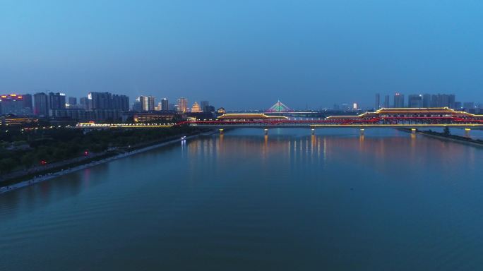 航拍西安咸阳 夜景 统一广场 古桥 渭河