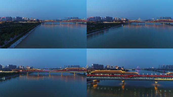 航拍西安咸阳 夜景 统一广场 古桥 渭河