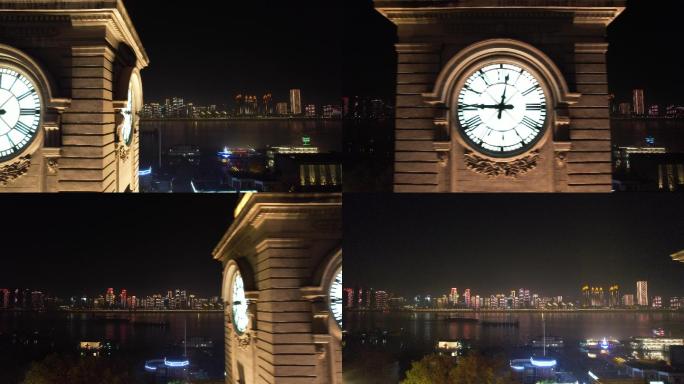 武汉江汉路的钟，江边夜景转场，霓虹4K