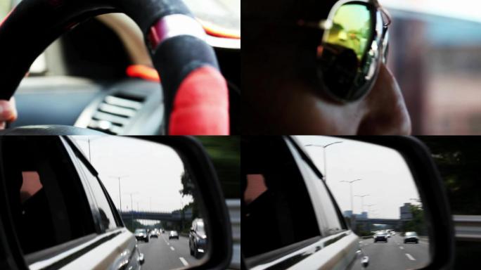 戴墨镜的男人驾驶汽车行驶在路上的风景