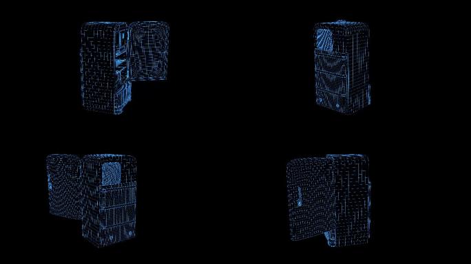 4K蓝色线框全息科技动画冰箱素材带通道