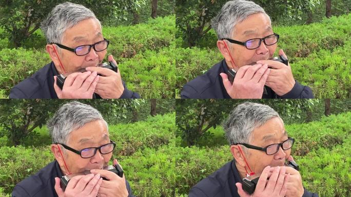 老人在公园内吹口琴