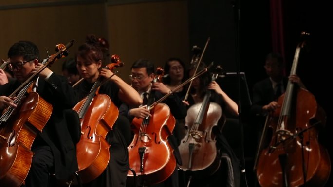 音乐剧院乐团音乐会乐队大提琴演奏实拍素材