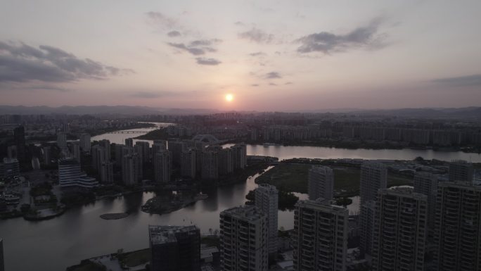 宁波姚江落日航拍湾头都市美景