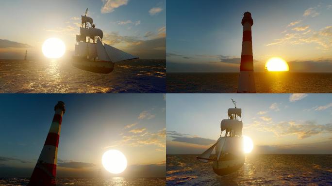 4k 大海上帆船朝着夕阳和灯塔前进