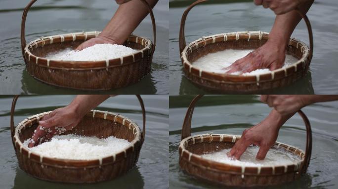 浙江过年美食豆糕米糕制作糯米浸泡淘米溪水