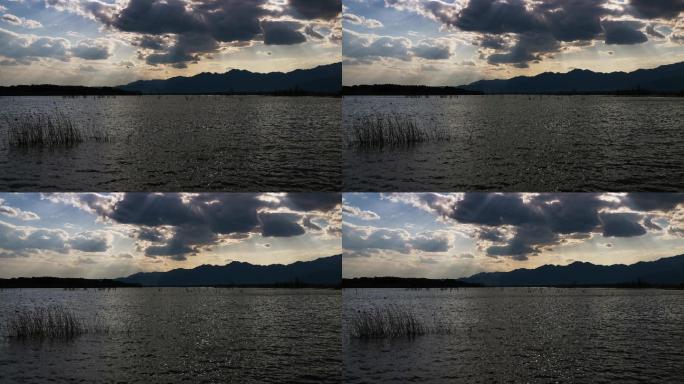 [4K]视频素材.湖水远山飞鸟云影