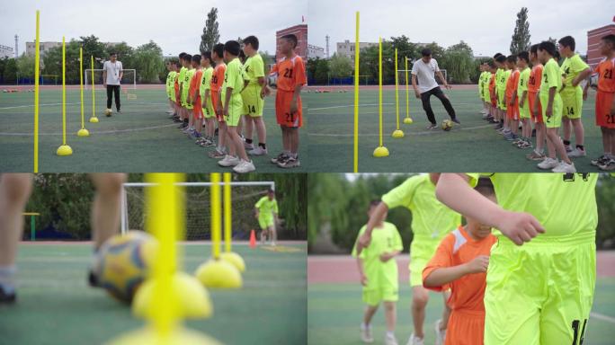 老师指导学生足球训练