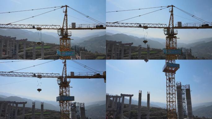 重庆巫山公路建设吊塔工人施工航拍