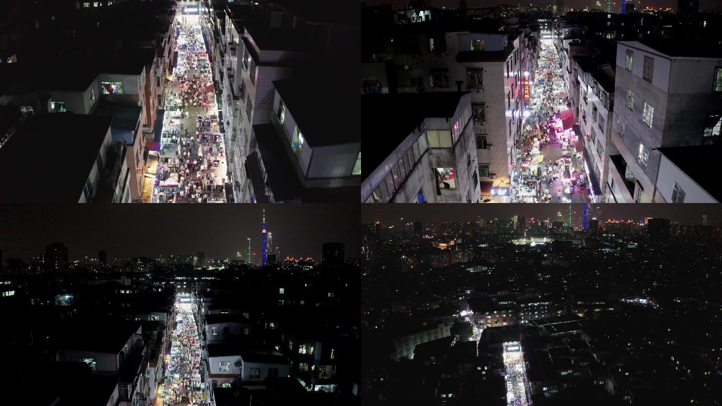 广州城中村夜市夜景航拍