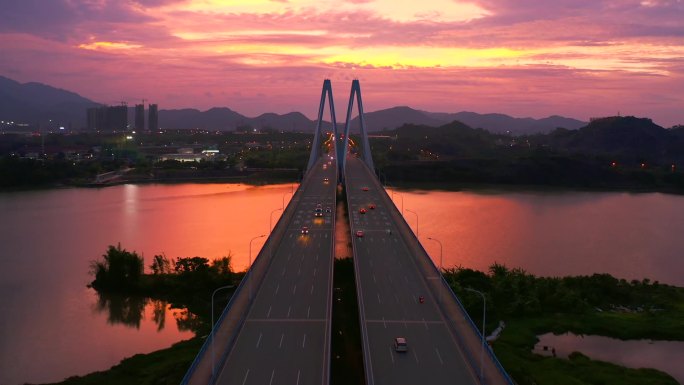 河源迎客大桥城市晚霞夜景风景美景延时镜头